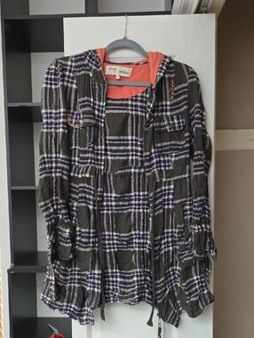 Plaid Hooded Button-Front Tunic Jacket with Coral Hood Lining